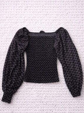 Anthropologie Black Smocked Square Neck Puff Sleeve Blouse XS Sheer Sleeve Top